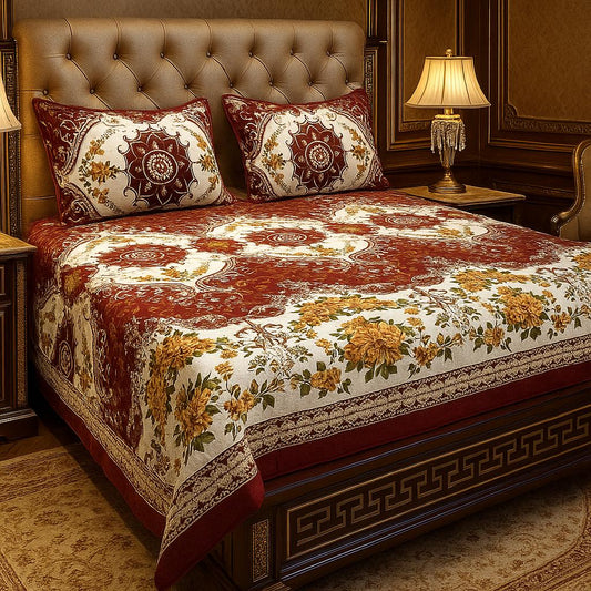 3 Piece Crystal Cotton Printed Double Bed Sheet
